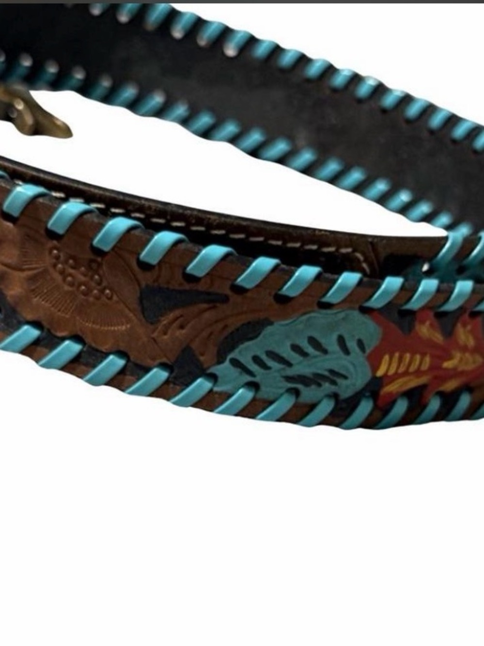 Myra Bag Brown Leather Belted Strap with Turquoise and Red Accents - Picture 2 of 3
